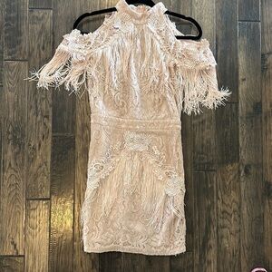 Fringed Lace Cold-Shoulder Mini Dress - Blush
